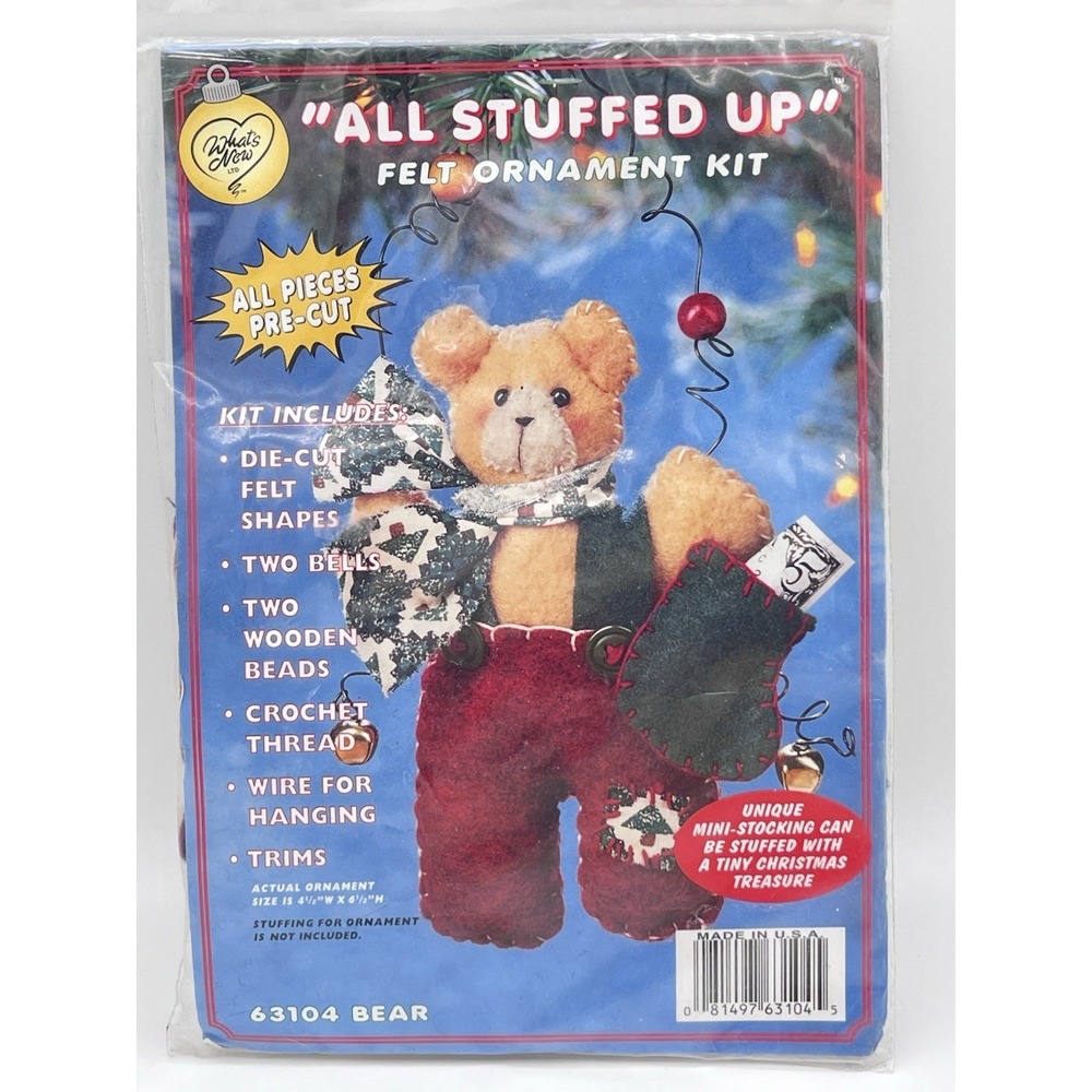 What's New 1997 All Stuffed Up Bear Christmas Felt Ornament Kit 63104 4.5"x6.5"